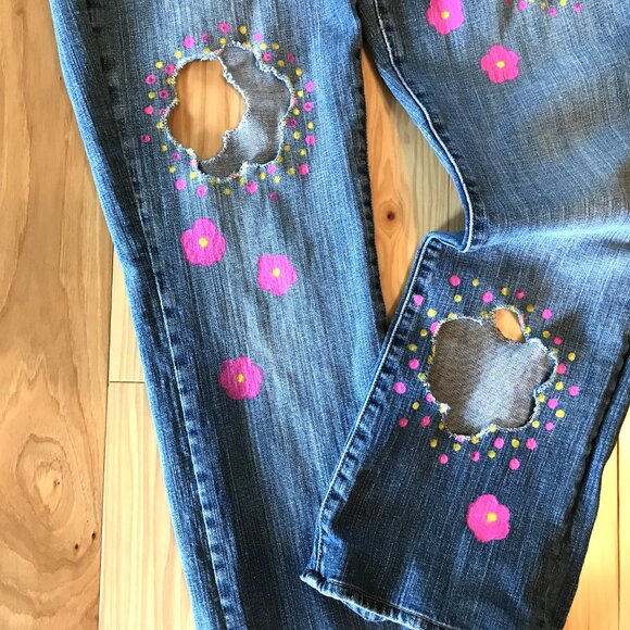 Holey distressed jeans with cutouts, Jr 10, destroyed ripped funky painted jeans - Picture 11 of 14